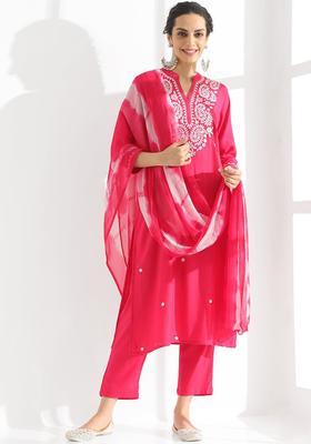 Fuchsia Embroidered Viscose Kurta Set