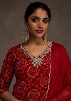 Red Printed Georgette Kurta Set