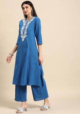 Blue Solid Cotton Kurta Set