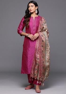 Pink Woven Design Silk Blend Kurta Set