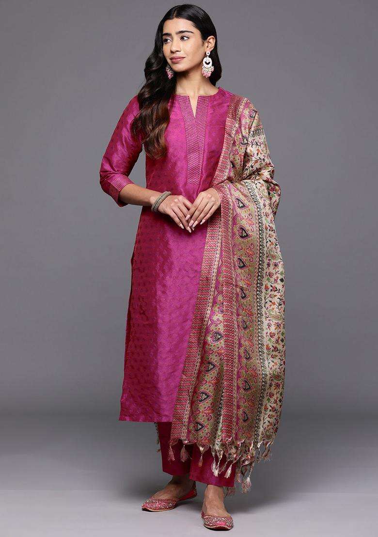 Pink Woven Design Silk Blend Kurta Set - Indya