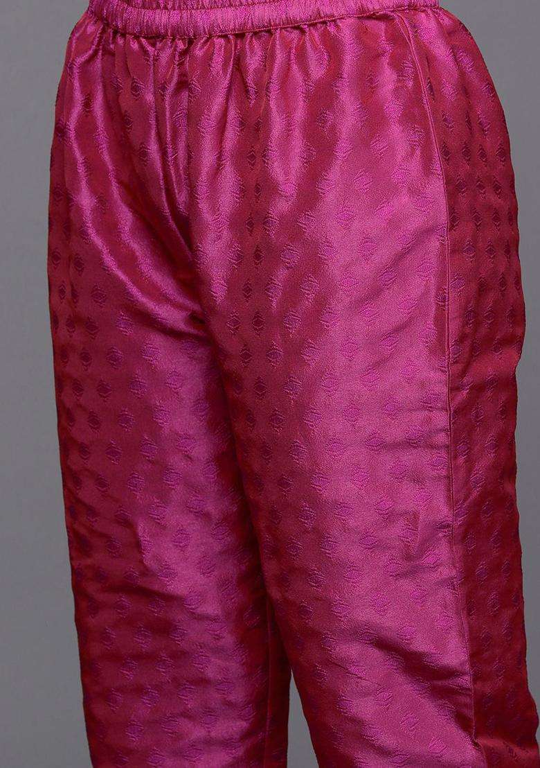 Pink Woven Design Silk Blend Kurta Set - Indya