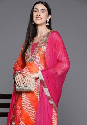Orange Yoke Design Cotton Kurta Set