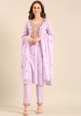 Lavender Embroidered Cotton Kurta Set