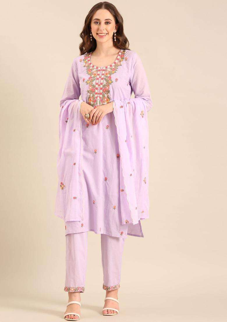 Lavender Embroidered Cotton Kurta Set - Indya