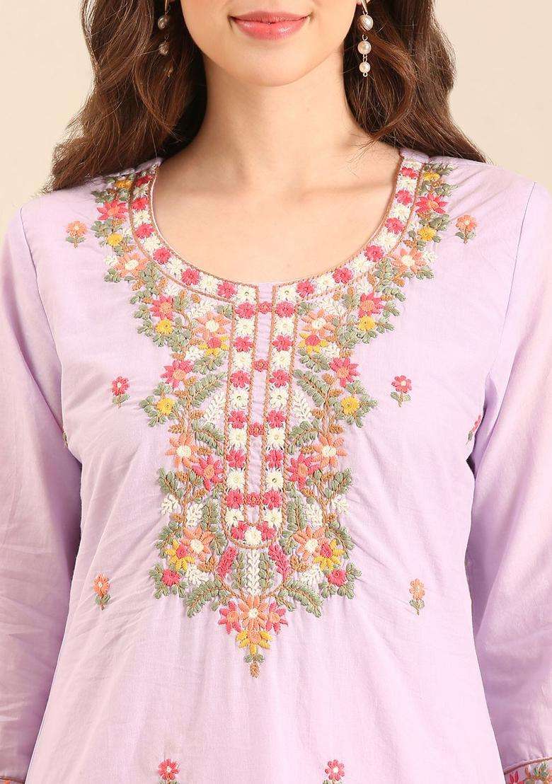 Lavender Embroidered Cotton Kurta Set - Indya
