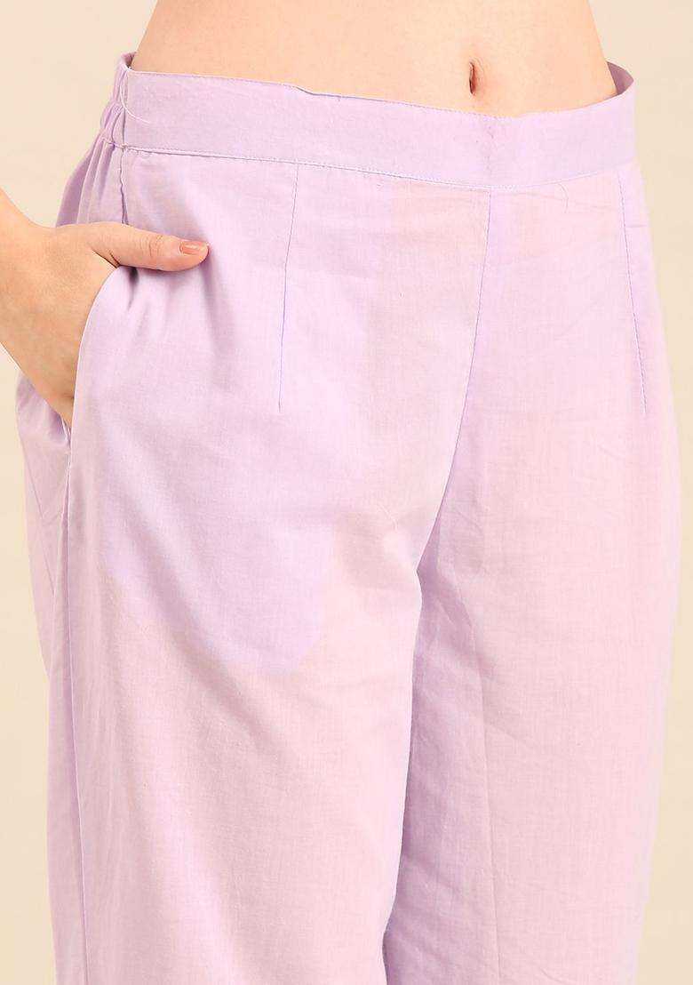 Lavender Embroidered Cotton Kurta Set - Indya