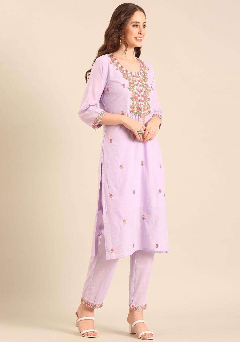 Lavender Embroidered Cotton Kurta Set - Indya