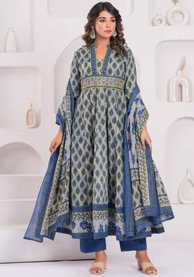 Blue Yoke Design Cotton Kurta Set