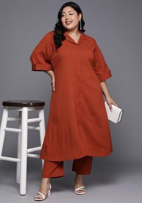 Rust Solid Silk Kurta Set