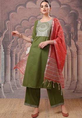 Green Printed Polyester Kurta Set