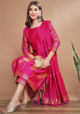 Pink Woven Design Silk Blend Kurta Set