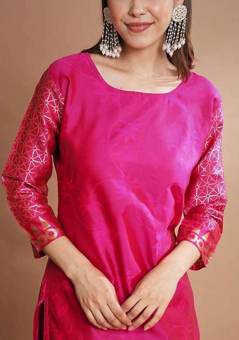 Pink Woven Design Silk Blend Kurta Set - Indya