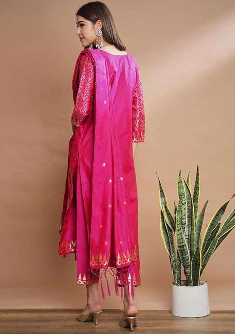 Pink Woven Design Silk Blend Kurta Set - Indya
