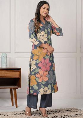 Grey Printed Cotton Kurta Set