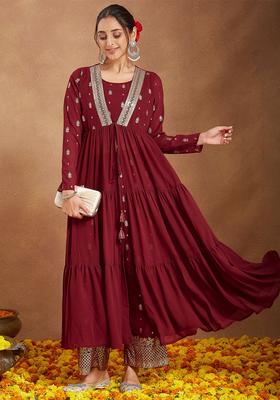 Maroon Embroidered Georgette Kurta Set