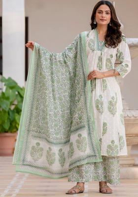 Green Printed Cotton Kurta Set