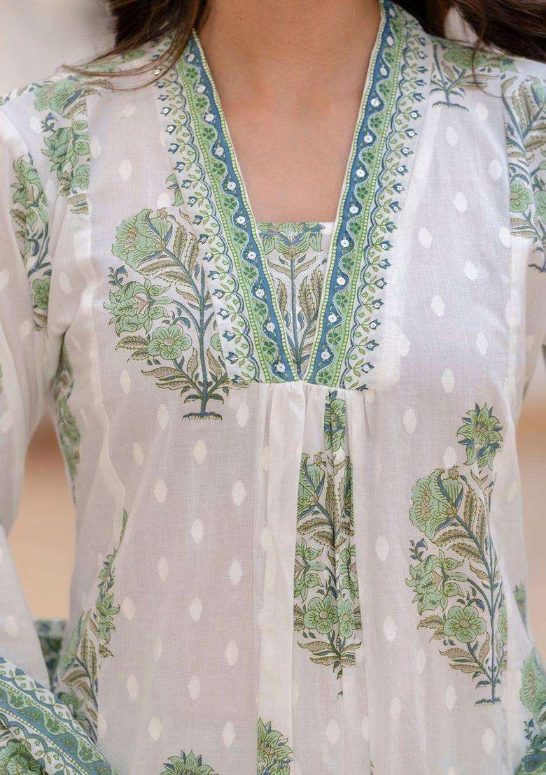 Green Printed Cotton Kurta Set - Indya
