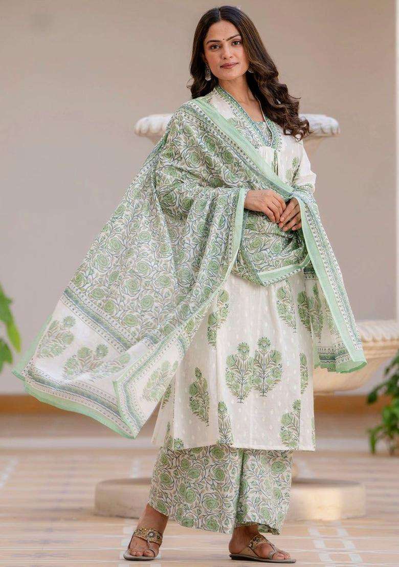 Green Printed Cotton Kurta Set - Indya