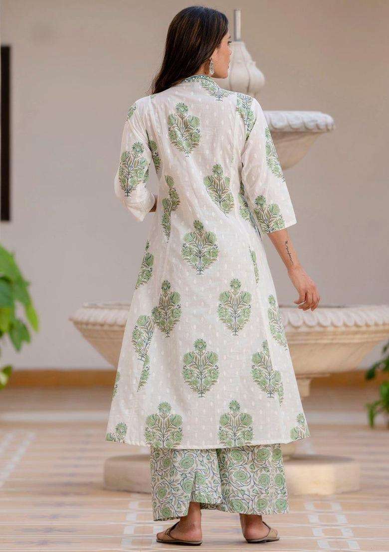 Green Printed Cotton Kurta Set - Indya