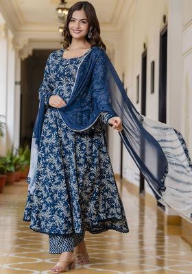 Blue Printed Cotton Anarkali Set