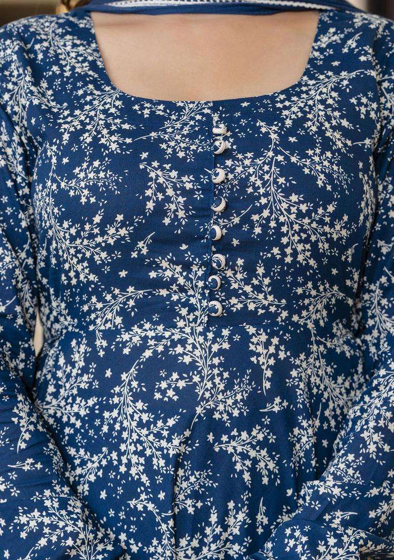 Blue Printed Cotton Anarkali Set - Indya