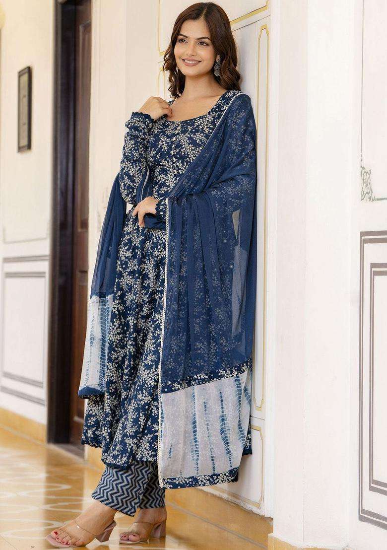 Blue Printed Cotton Anarkali Set - Indya
