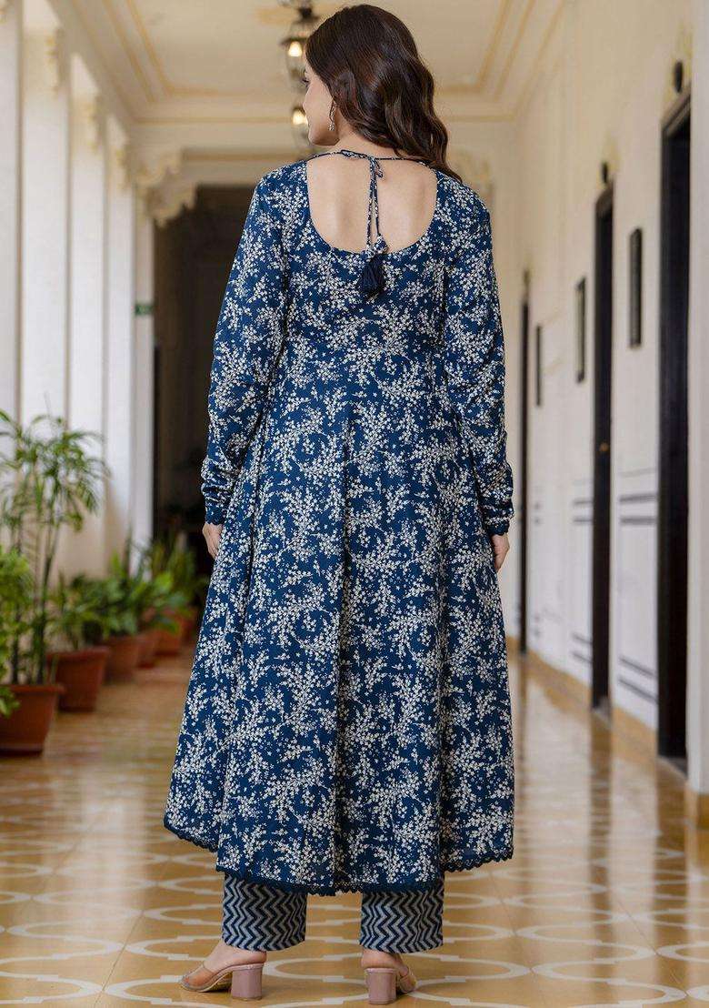 Blue Printed Cotton Anarkali Set - Indya