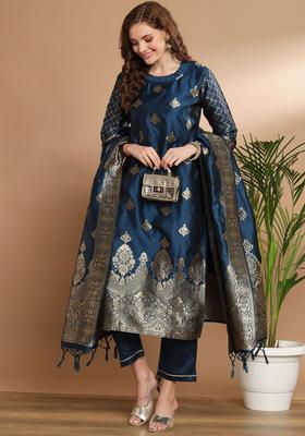 Teal Woven Design Cotton Kurta Set