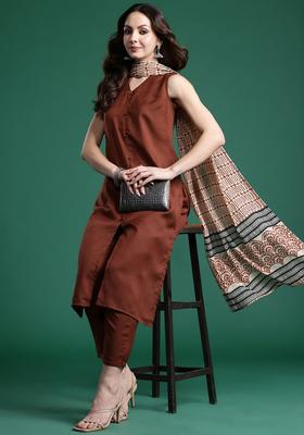 Brown Solid Cotton Kurta Set