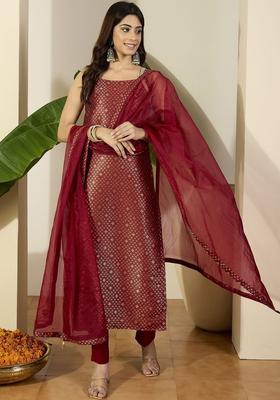 Maroon Woven Design Silk Blend Kurta Set