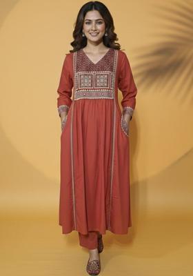 Rust Printed Cotton Kurta Set