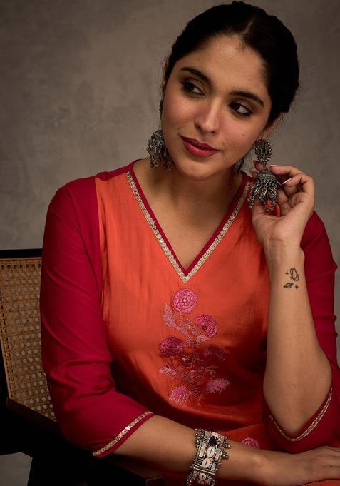 Red Embroidered Silk Anarkali Set — view on Indya