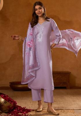 Lavender Embroidered Viscose Kurta Set