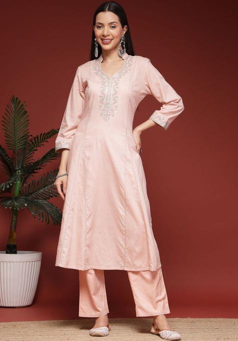 Peach Embroidered Linen Kurta Set — view on Indya