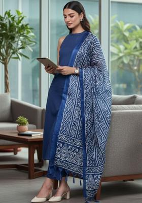 Blue Solid Cotton Kurta Set