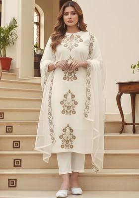 Off White Embroidered Viscose Kurta Set