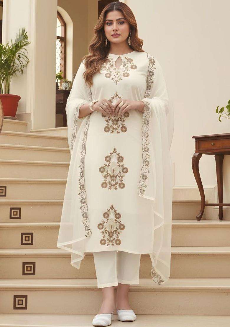 Off White Embroidered Viscose Kurta Set - Indya