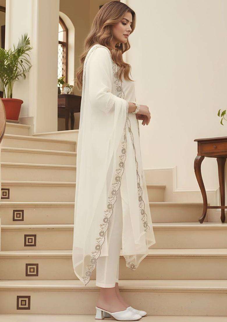 Off White Embroidered Viscose Kurta Set - Indya