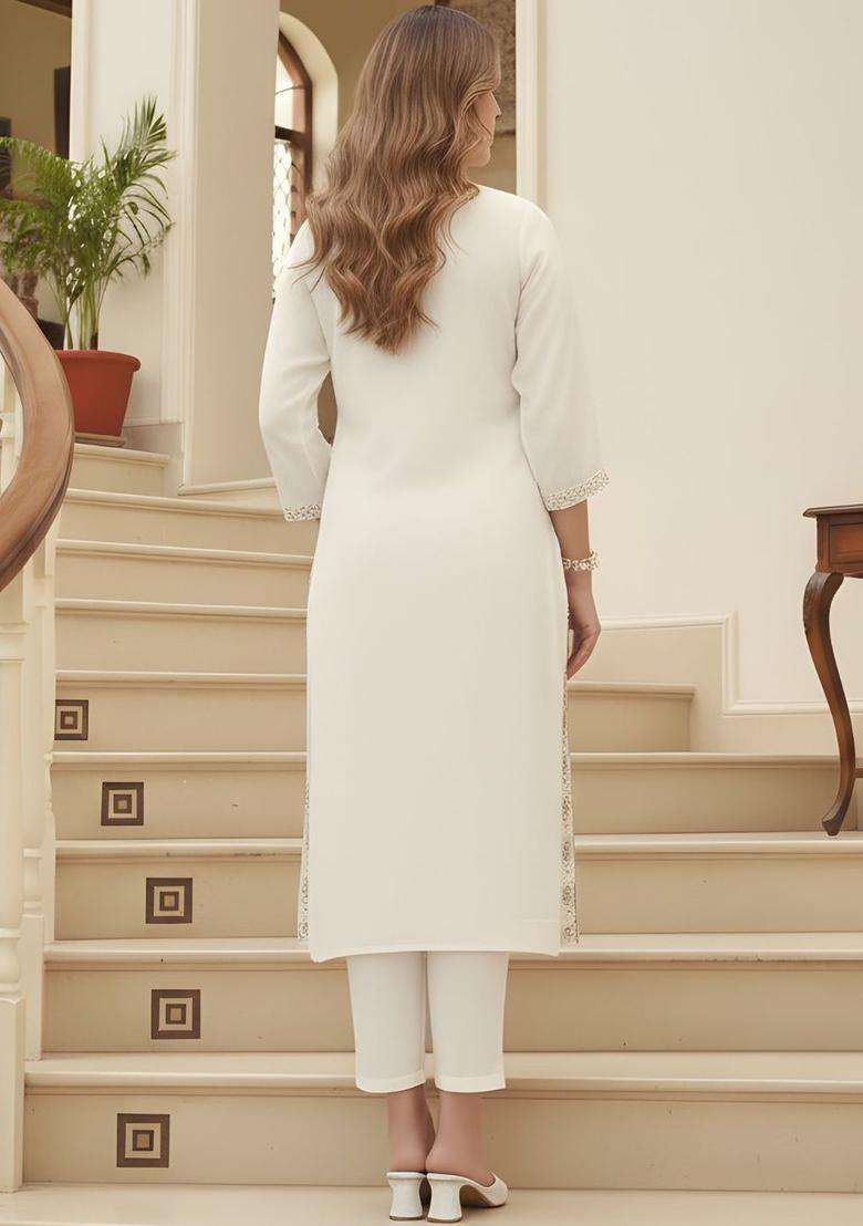 Off White Embroidered Viscose Kurta Set - Indya
