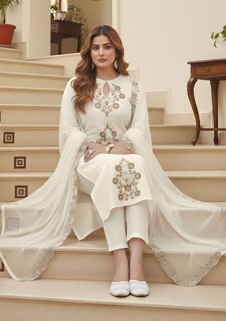 Off White Embroidered Viscose Kurta Set - Indya