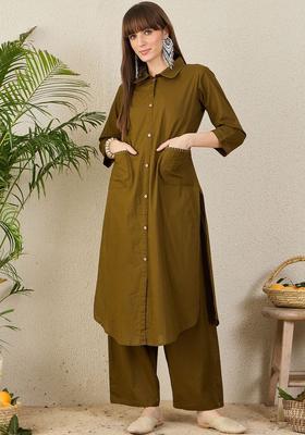 Olive Solid Cotton Kurta Set