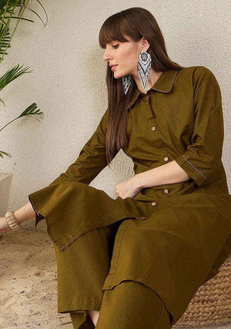 Olive Solid Cotton Kurta Set - Indya