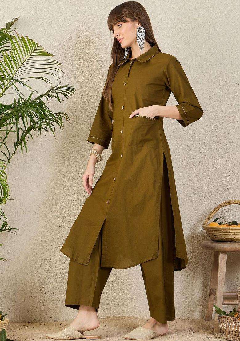 Olive Solid Cotton Kurta Set - Indya