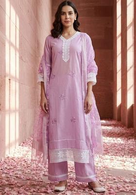 Lavender Embroidered Cotton Kurta Set