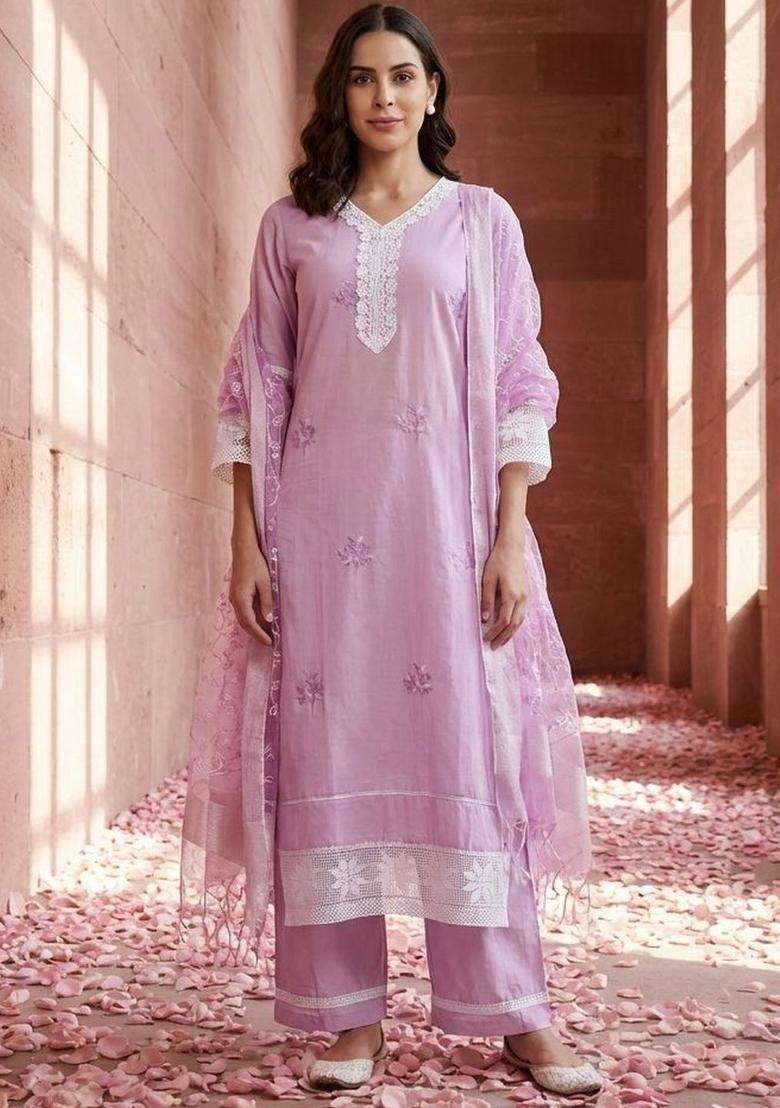 Lavender Embroidered Cotton Kurta Set - Indya