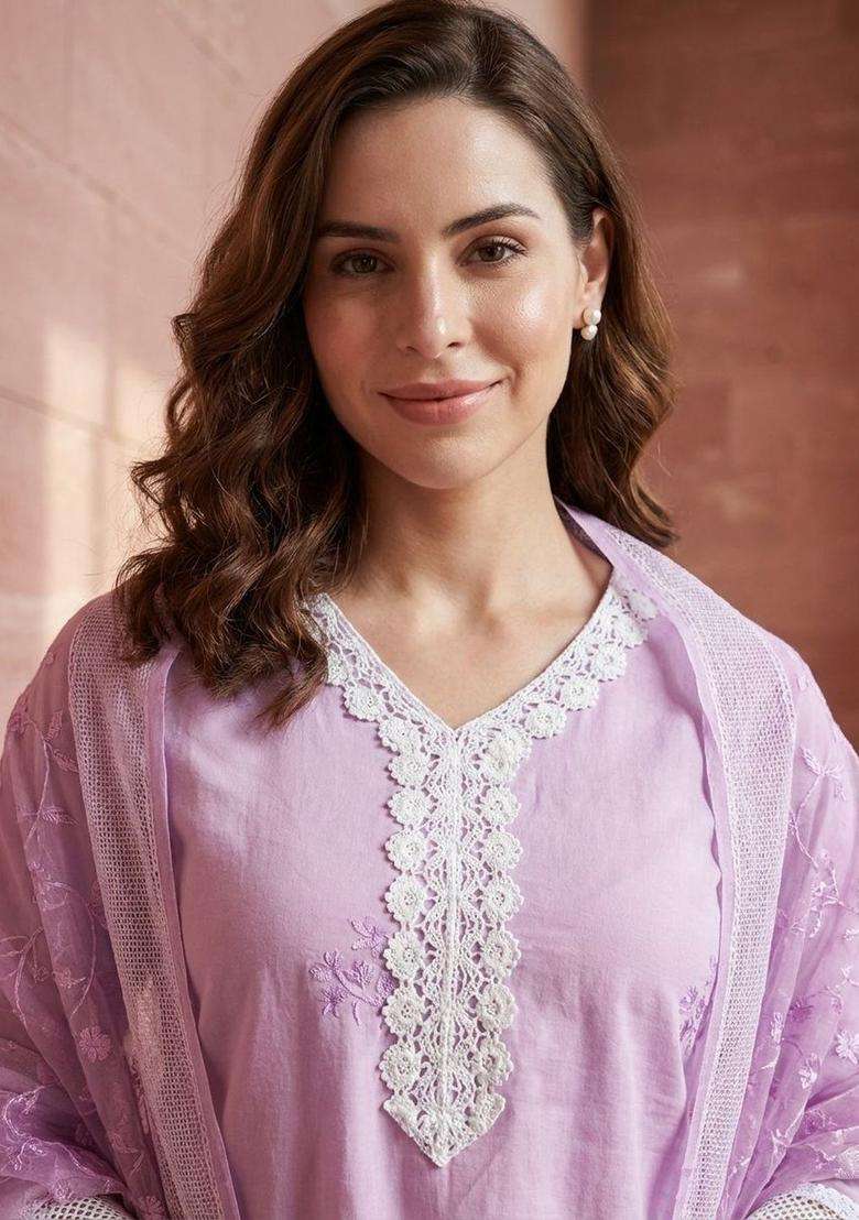 Lavender Embroidered Cotton Kurta Set - Indya