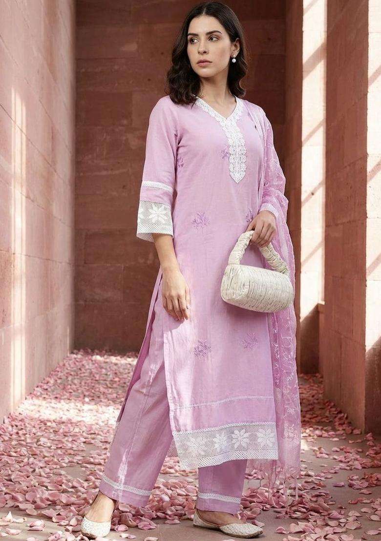 Lavender Embroidered Cotton Kurta Set - Indya