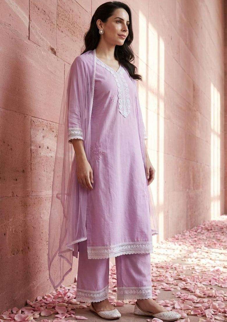Lavender Embroidered Cotton Kurta Set - Indya