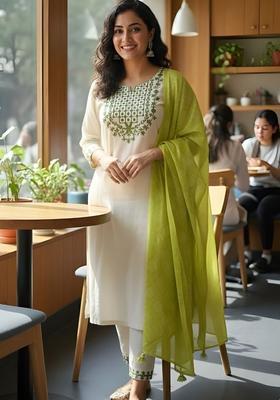 Off White Embroidered Viscose Kurta Set